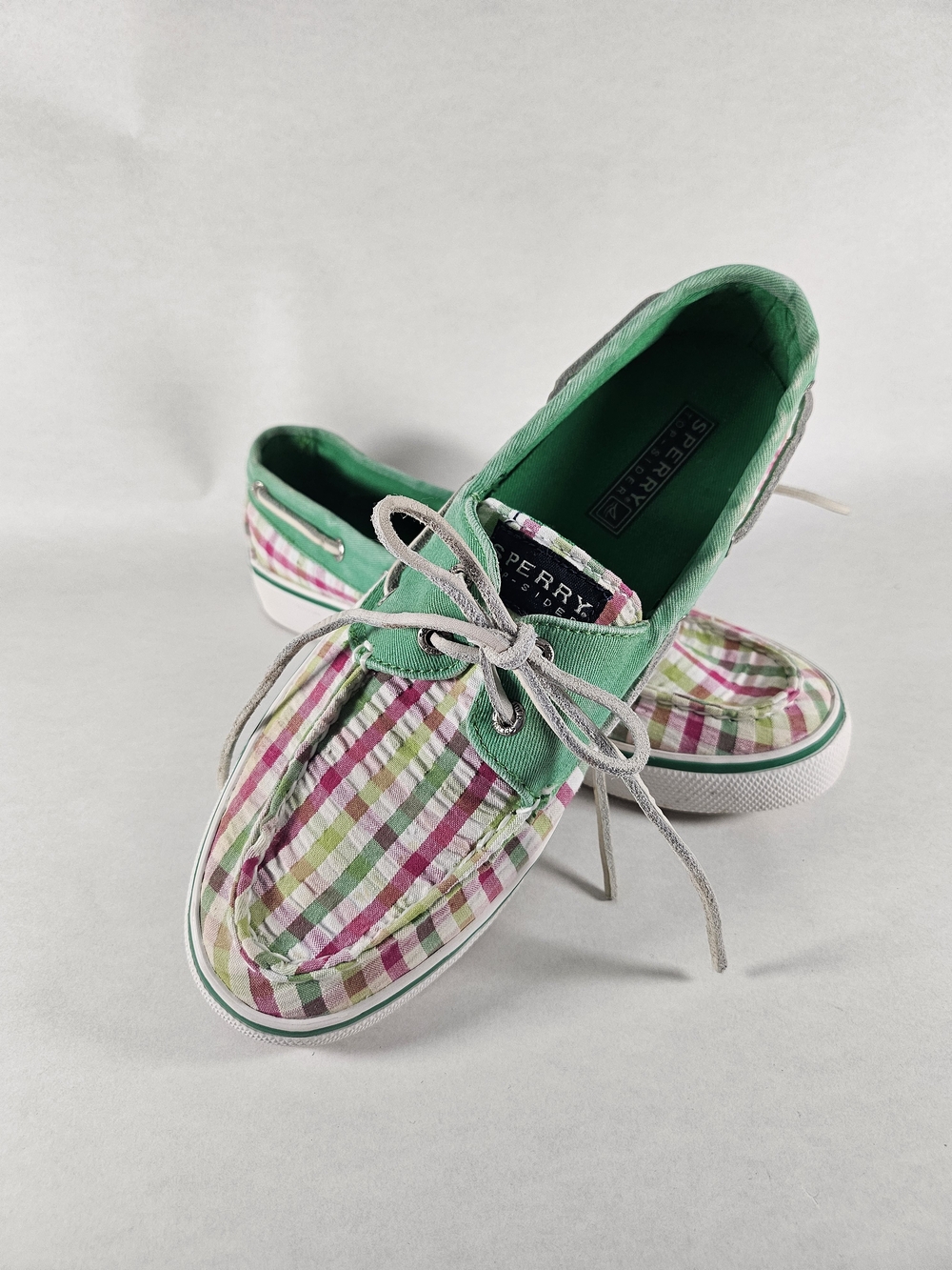 Sperry Green Canvas Madras Plaid Boat Shoes with Pink and White Accents